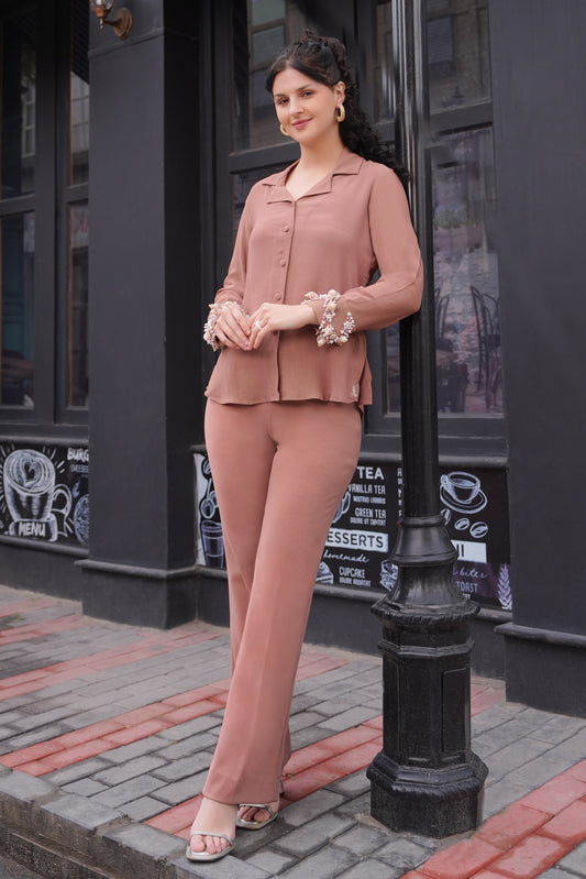 Sea Shells Co-ord Set With Embroidered Cuff - CARAMEL