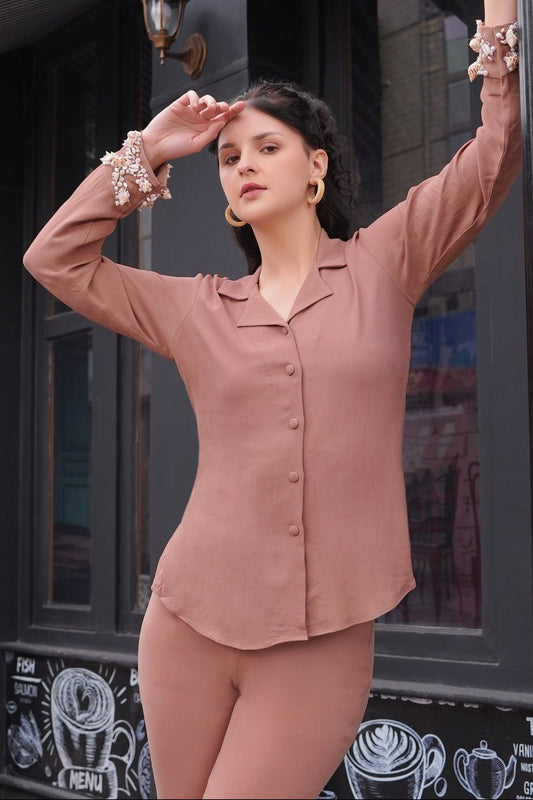 Sea Shells Top With Emb Cuff - CARAMEL