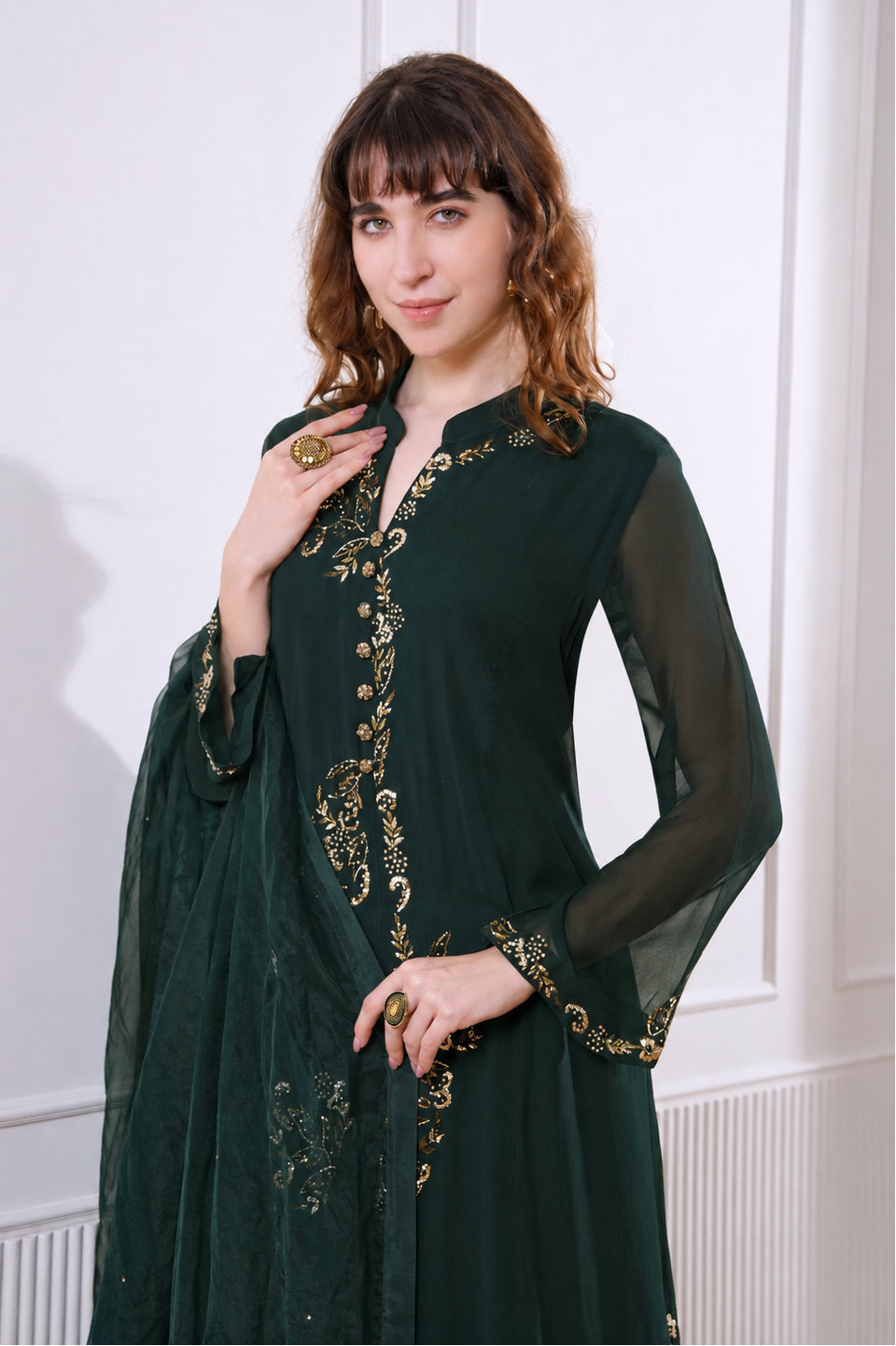 Georgette Kalidar Suit With Mukaish Embroidery - BOTTLE GREEN