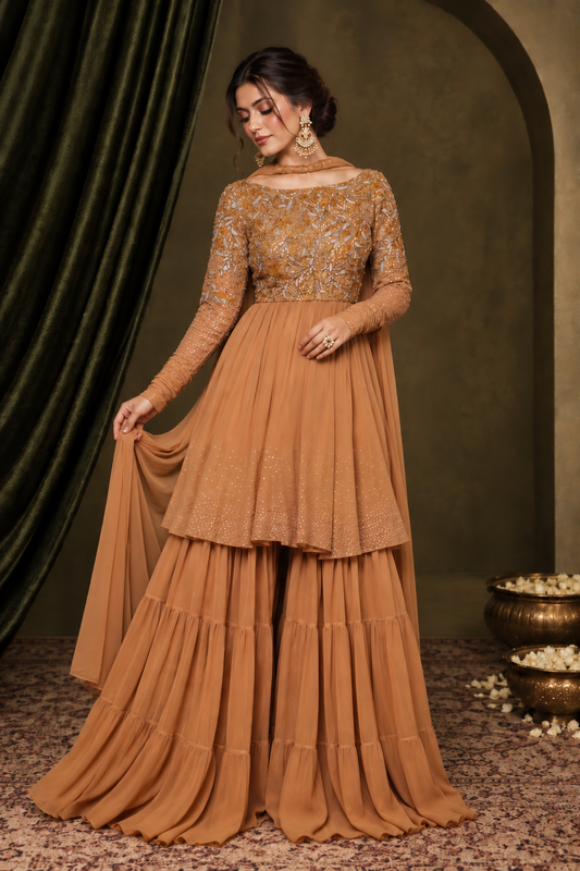 Georgette Short Anarkali With Sharara - GOLDEN