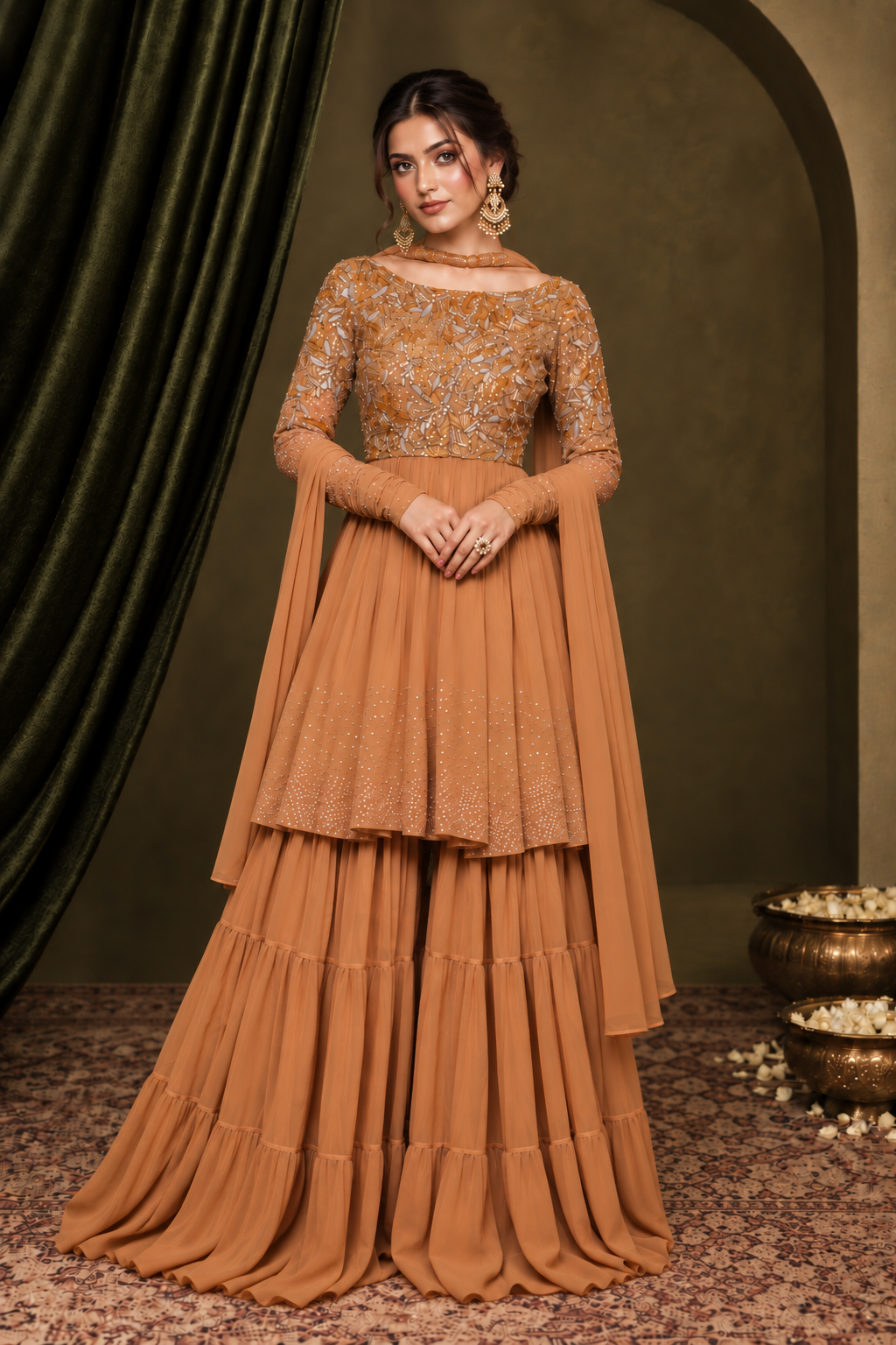 Georgette Short Anarkali With Sharara - GOLDEN
