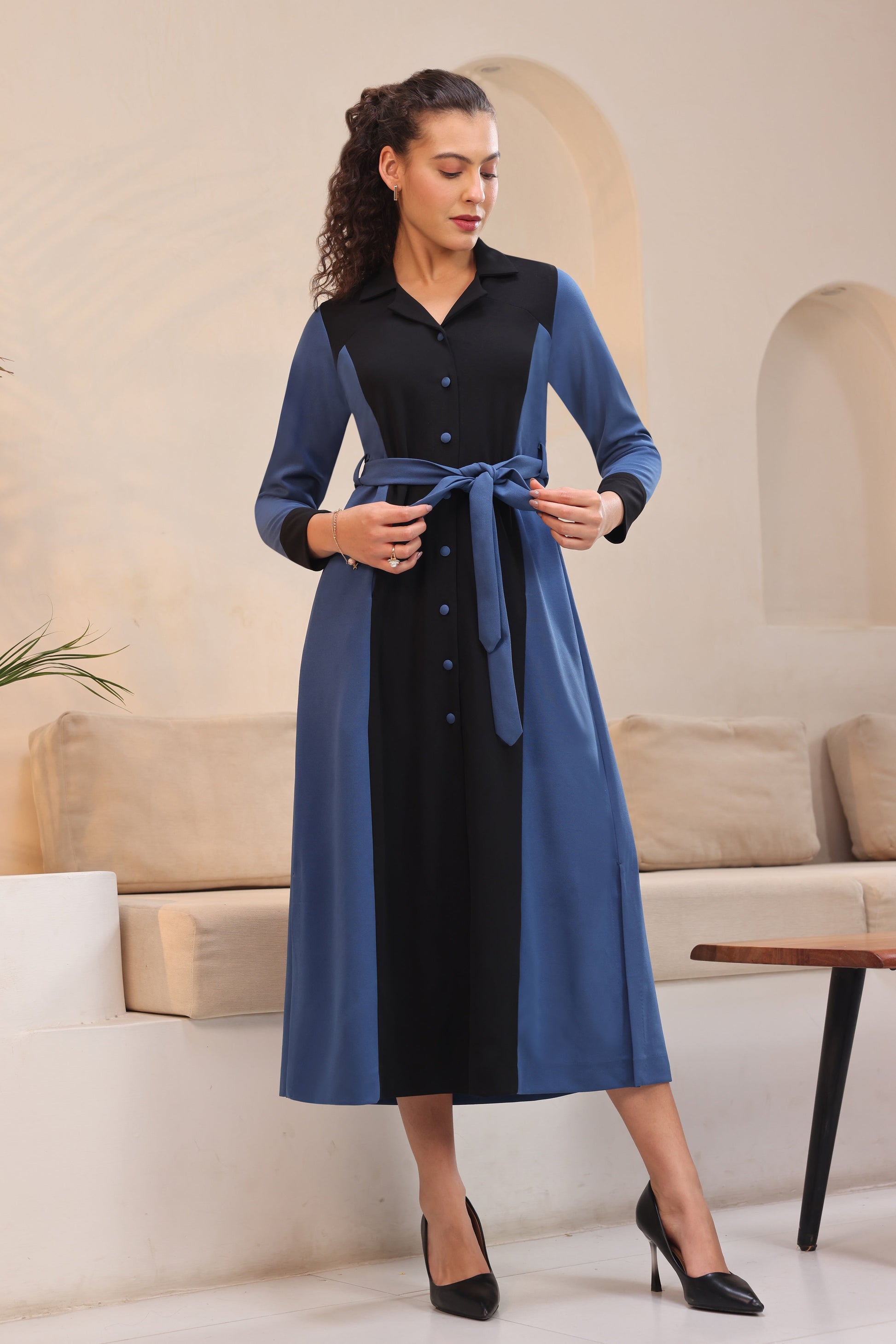 Colour Block A-line Dress - DUSTY BLUE S Colour Block A-line Dress - DUSTY BLUE S