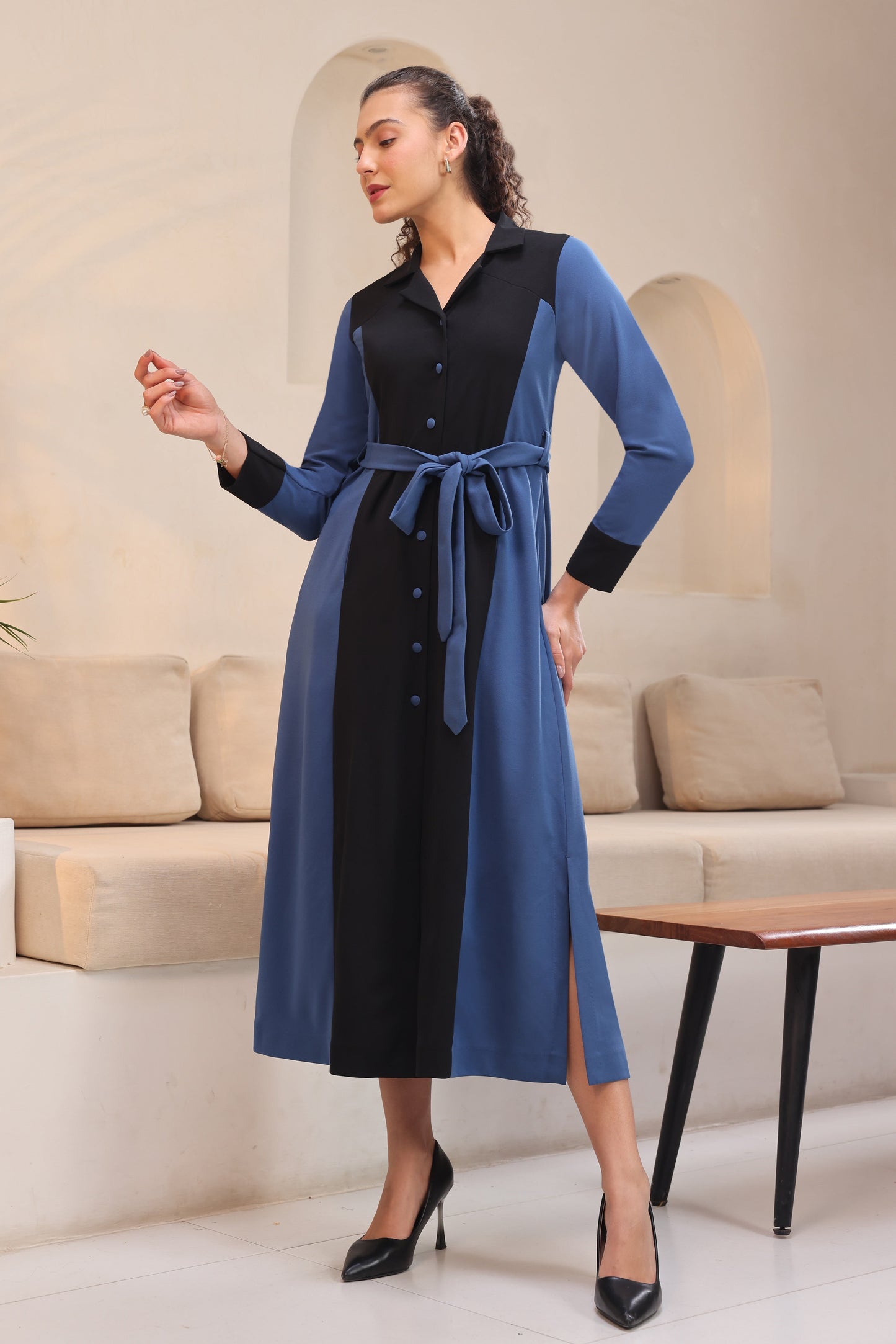 Colour Block A-line Dress - DUSTY BLUE