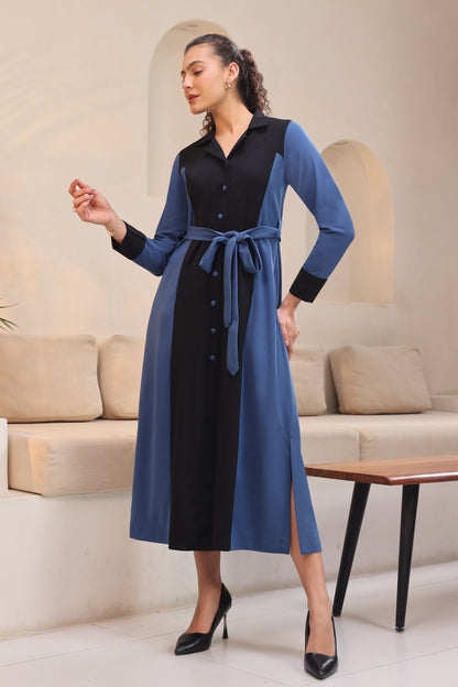 Colour Block A-line Dress - DUSTY BLUE