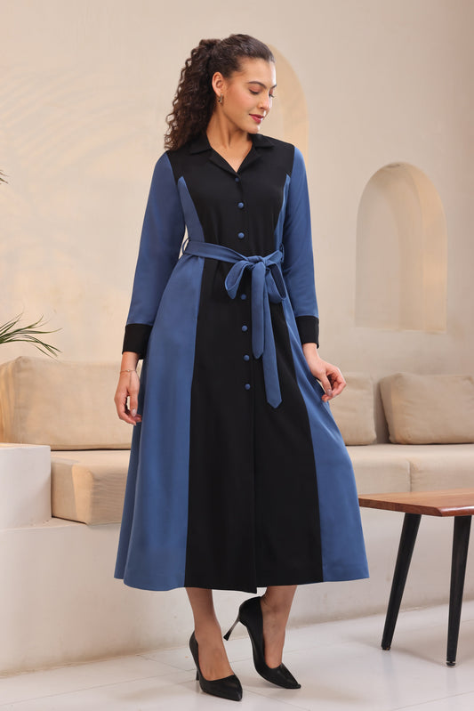 Colour Block A-line Dress - DUSTY BLUE