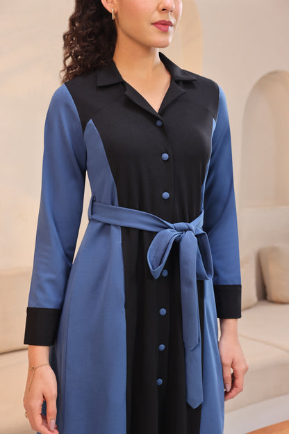 Colour Block A-line Dress - DUSTY BLUE