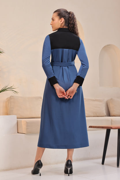 Colour Block A-line Dress - DUSTY BLUE