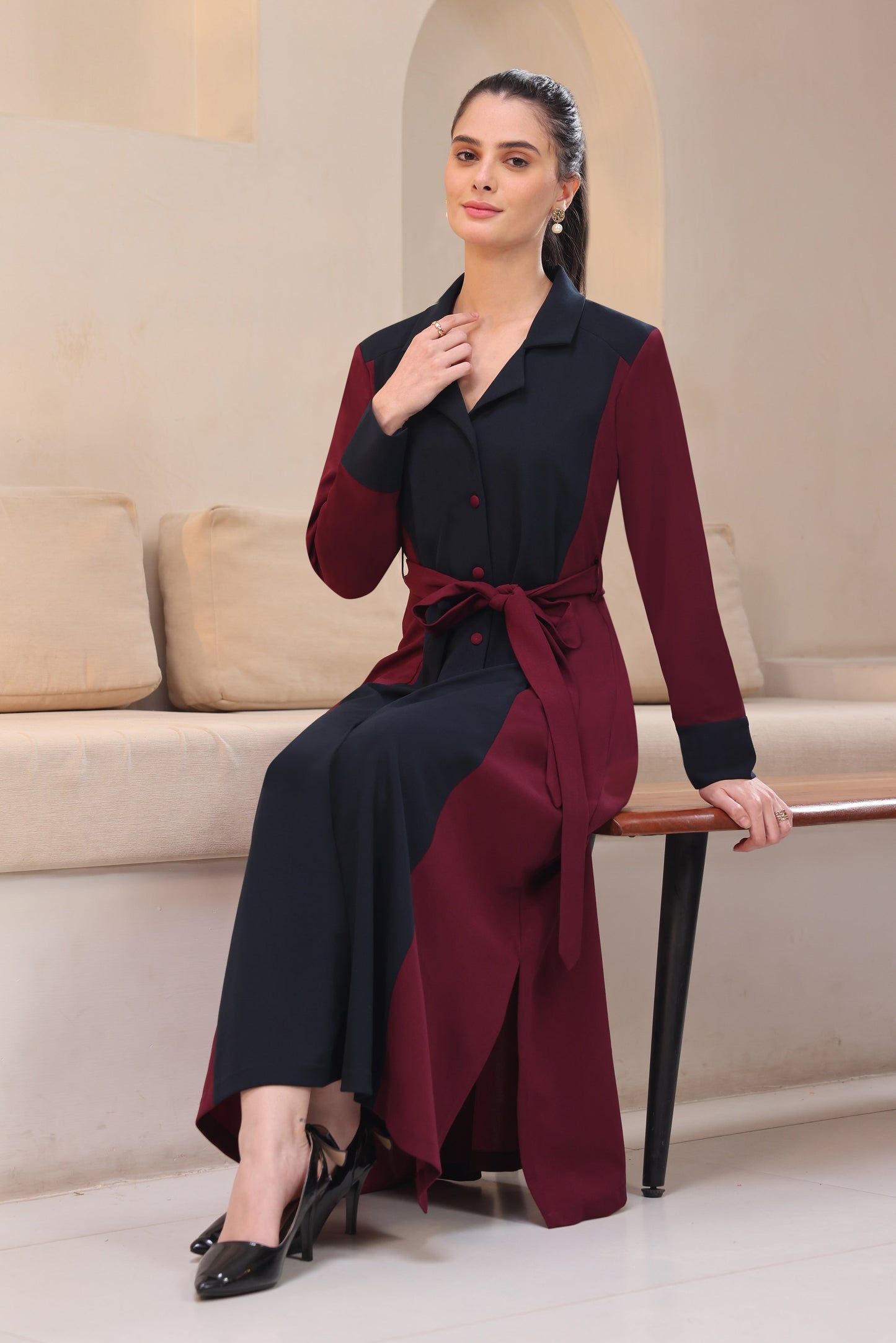 Colour Block A-line Dress - WINE