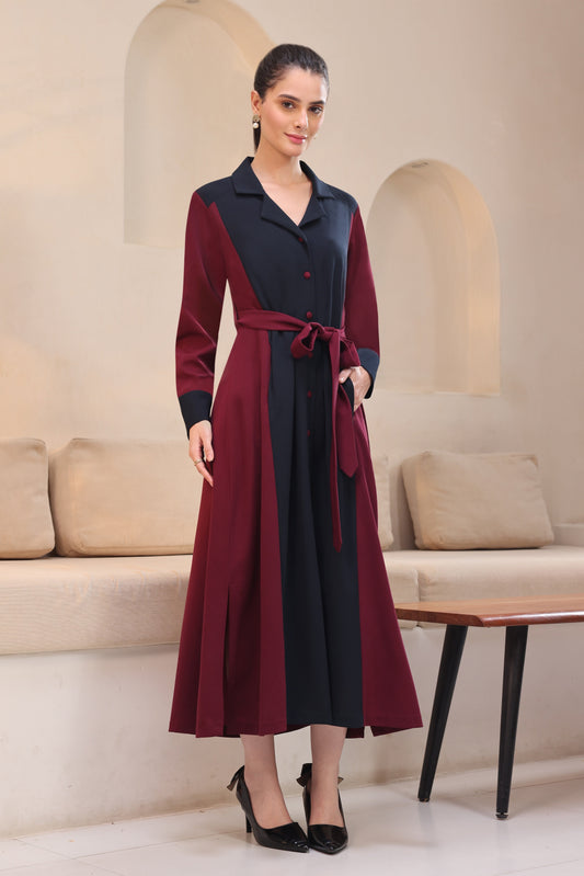 Colour Block A-line Dress - NAVY/WINE
