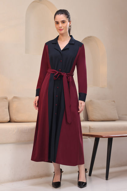 Colour Block A-line Dress - WINE