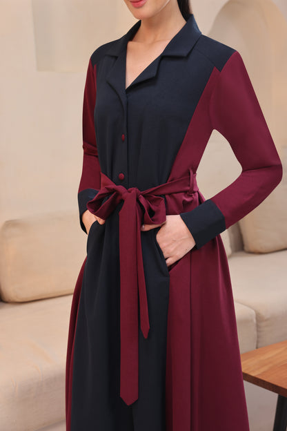 Colour Block A-line Dress - WINE