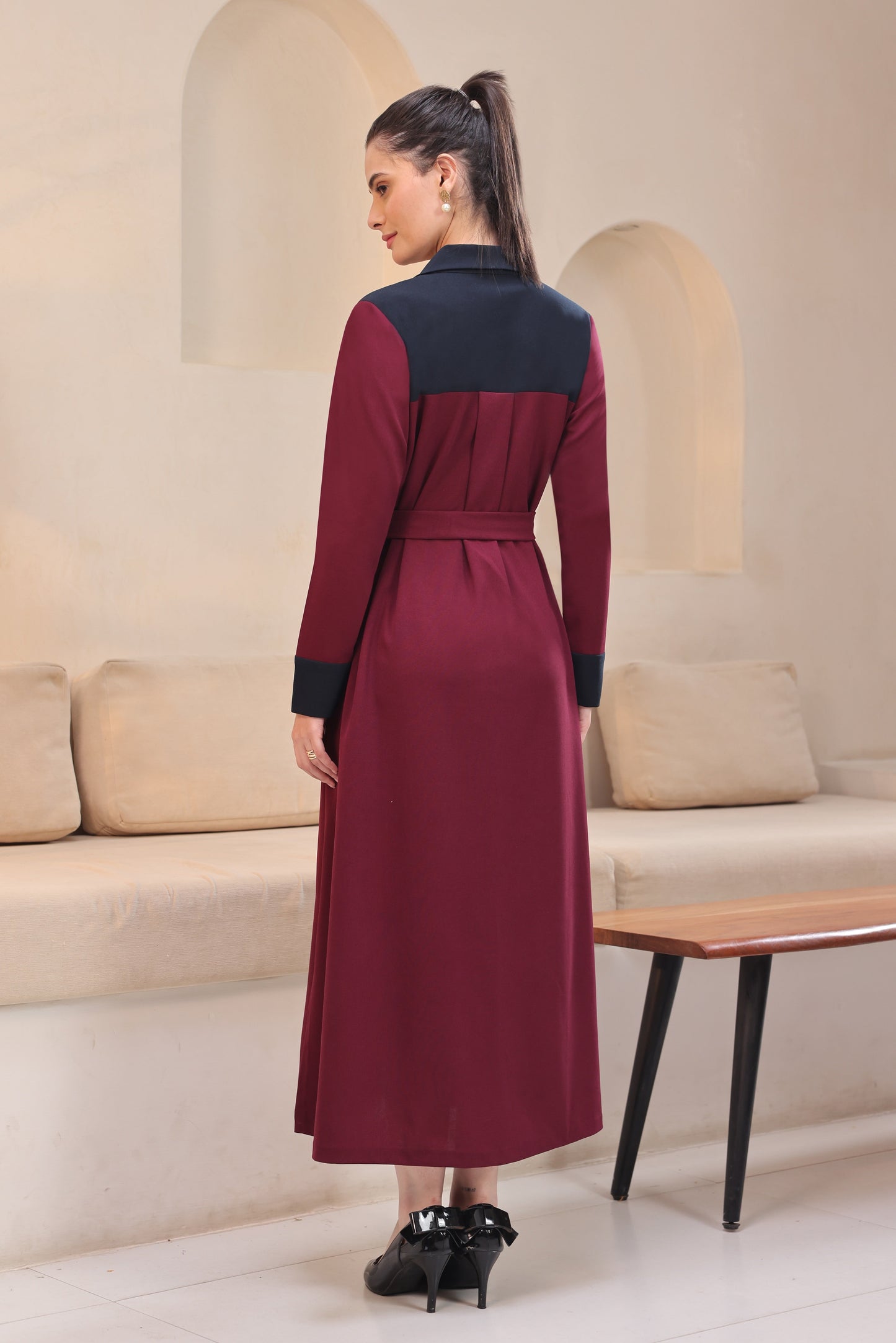 Colour Block A-line Dress - WINE