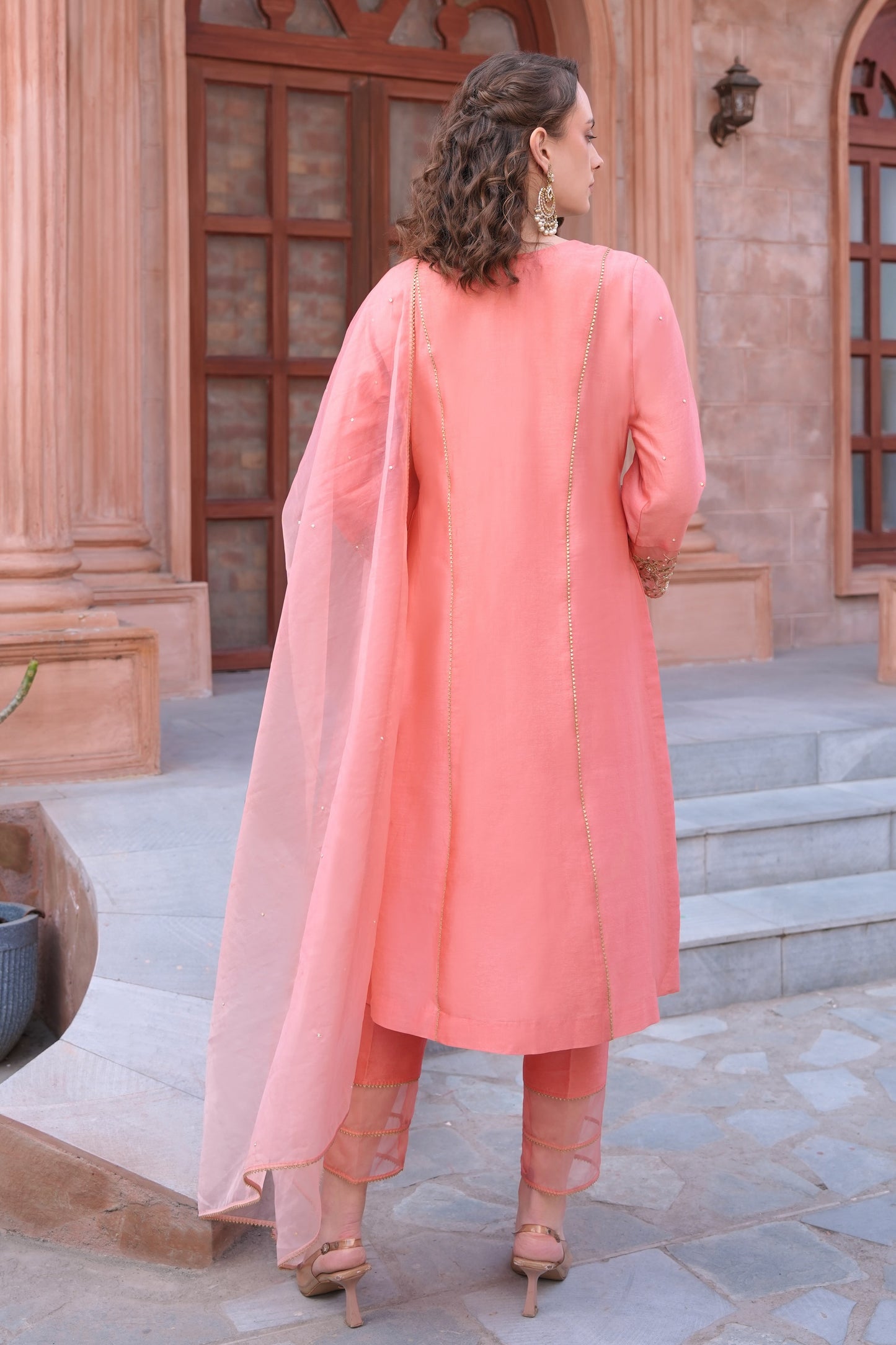 Chanderi Silk Suit With Zari Embroidery - CORAL