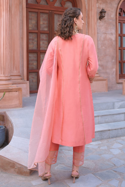 Chanderi Silk Suit With Zari Embroidery - CORAL