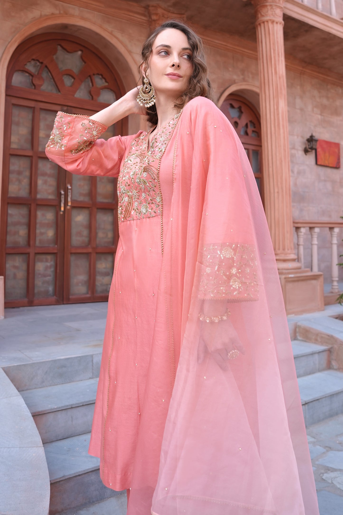 Chanderi Silk Suit With Zari Embroidery - CORAL
