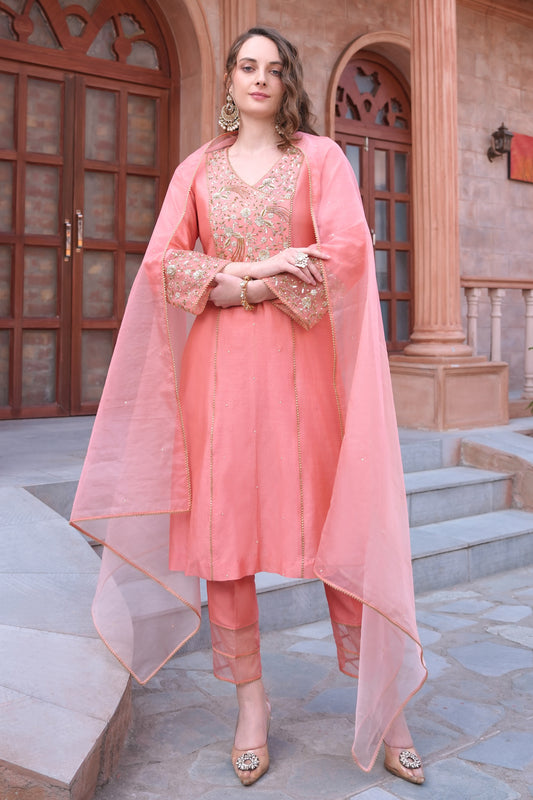 Chanderi Silk Suit With Zari Embroidery - CORAL