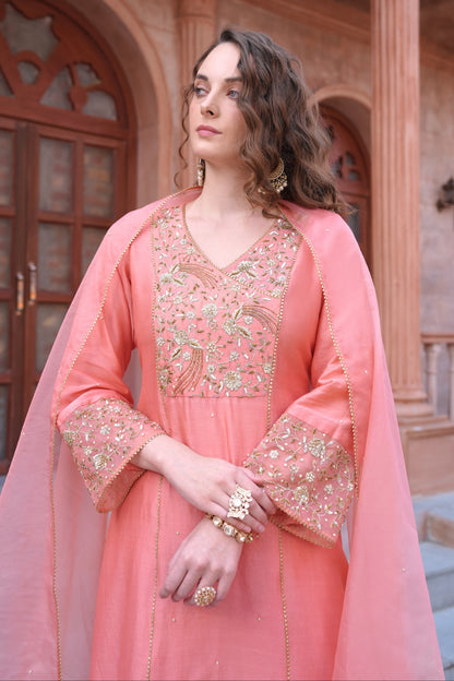 Chanderi Silk Suit With Zari Embroidery - CORAL