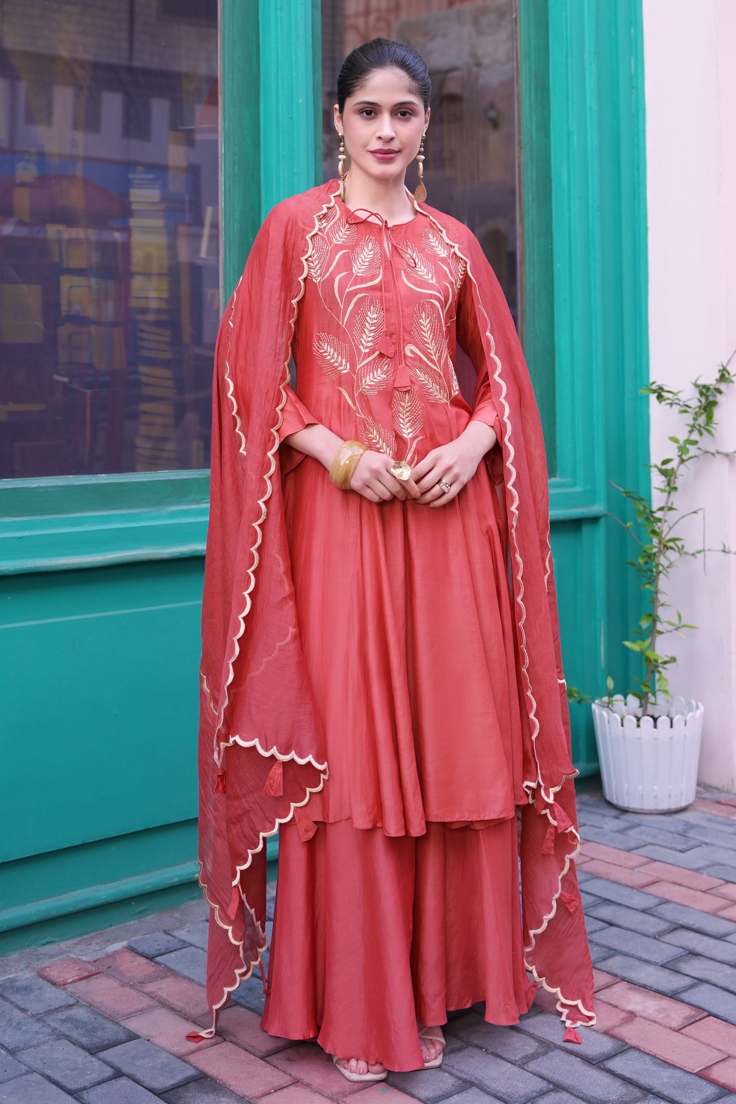 Spike Mul Short Anarkali With Sharara - CORAL