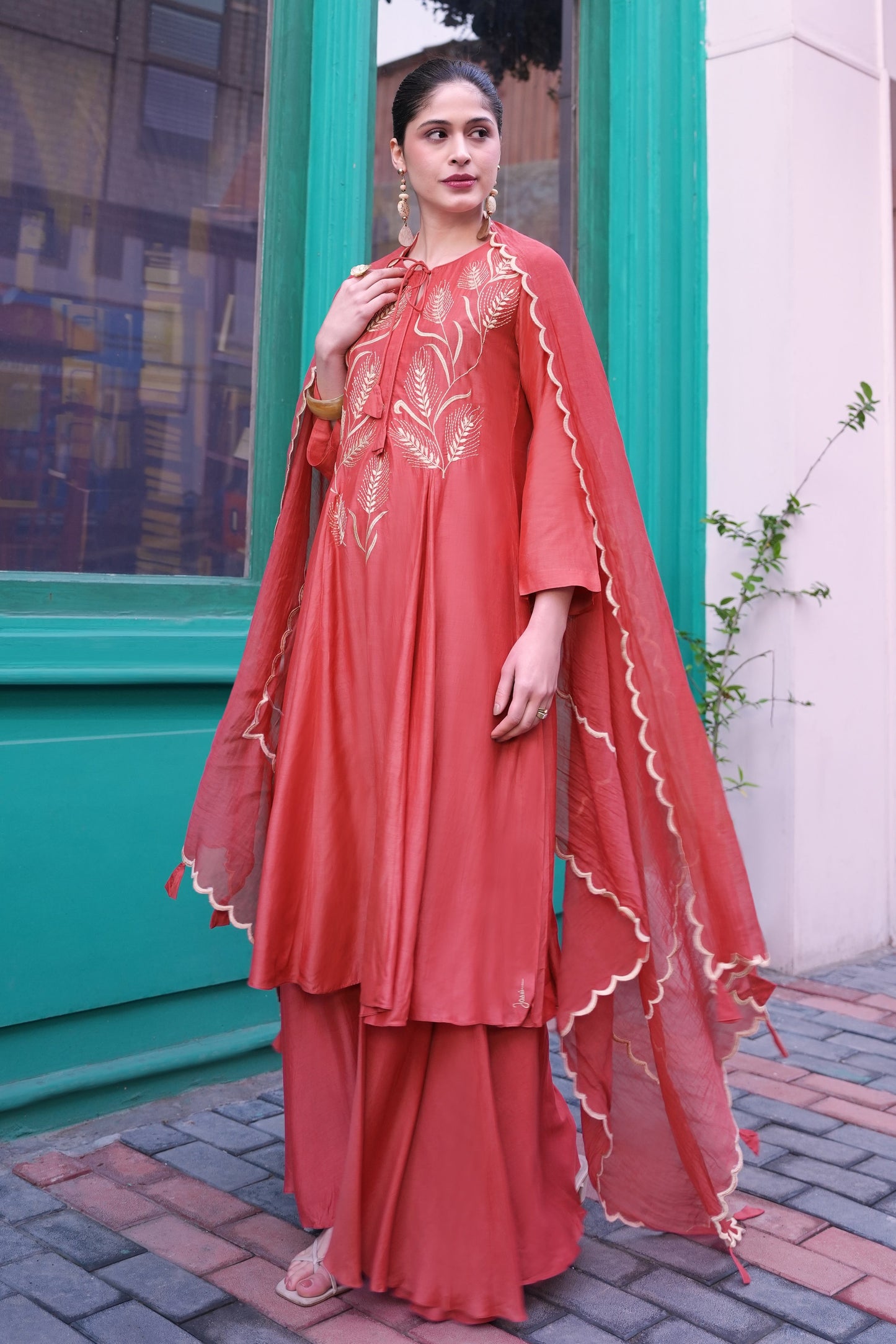 Spike Mul Short Anarkali With Sharara - CORAL