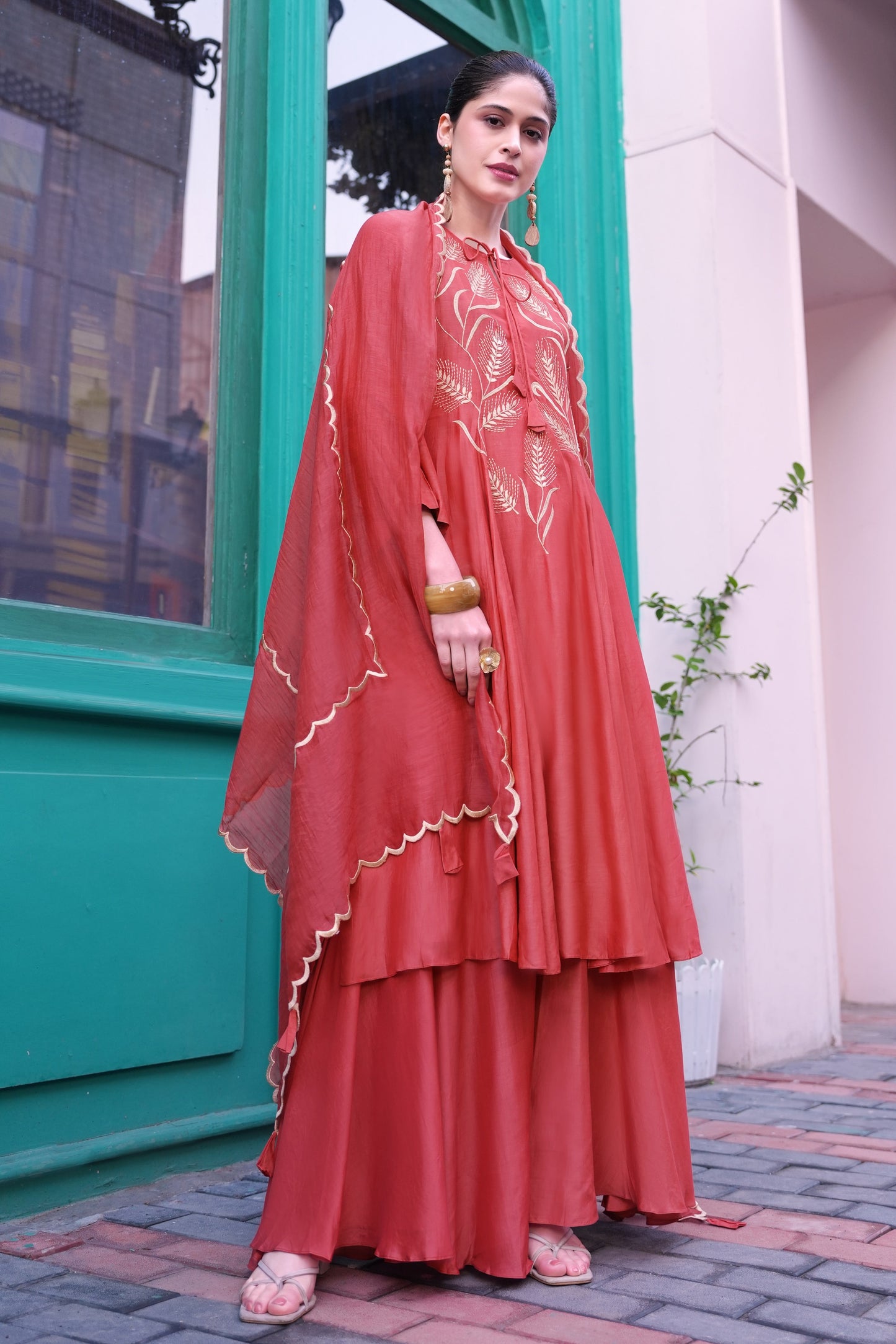 Spike Mul Short Anarkali With Sharara - CORAL