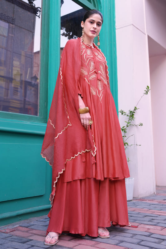 Spike Mul Short Anarkali With Sharara - CORAL