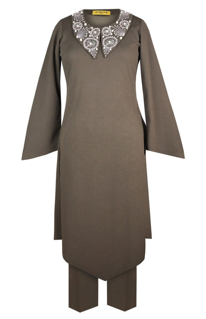 Cosmos Puritan Collar Kurta Set - OLIVE