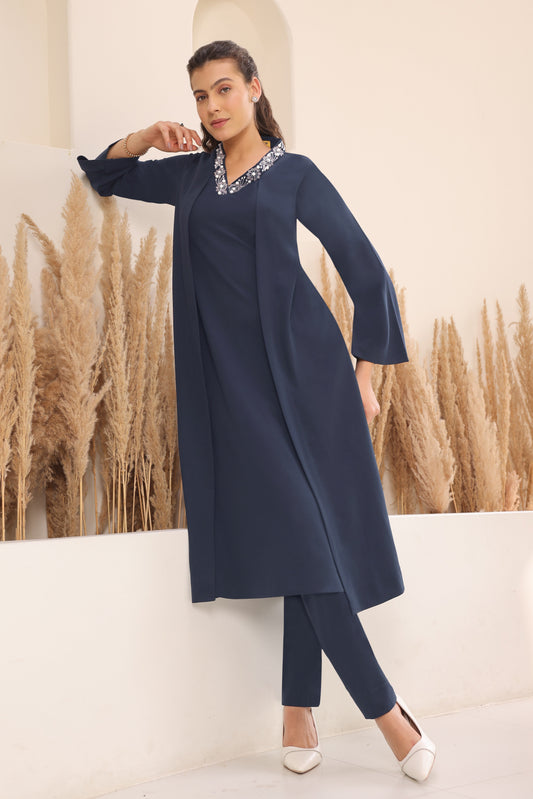 Cosmos Jacket Style Kurta Set - NAVY