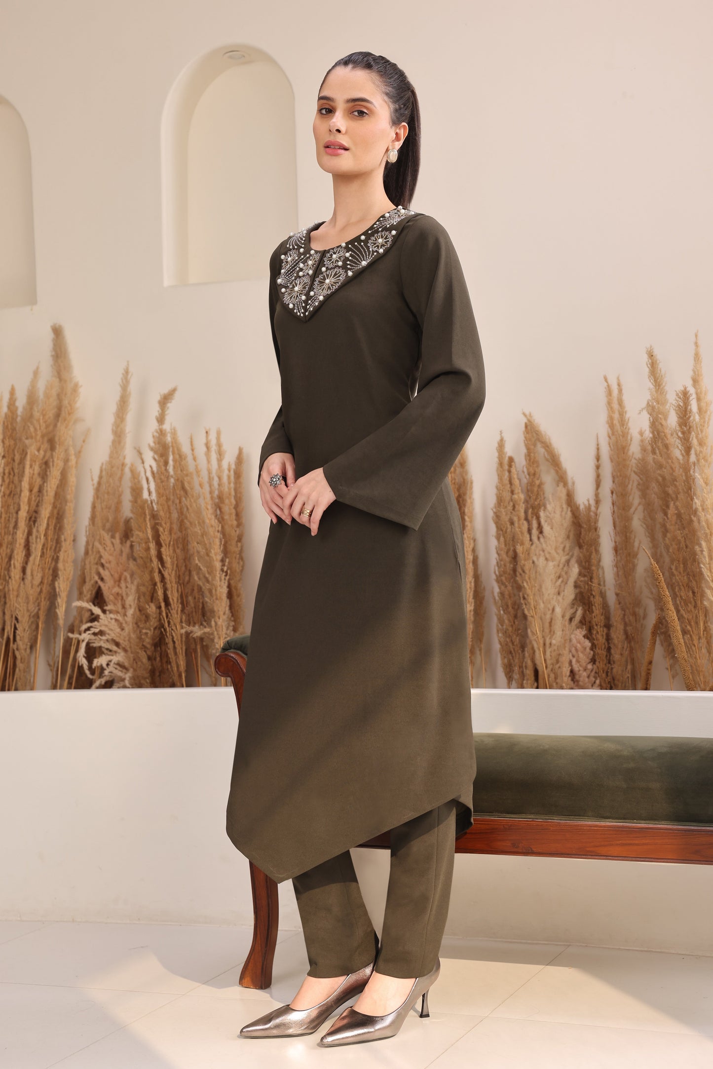 Cosmos Puritan Collar Kurta Set - OLIVE