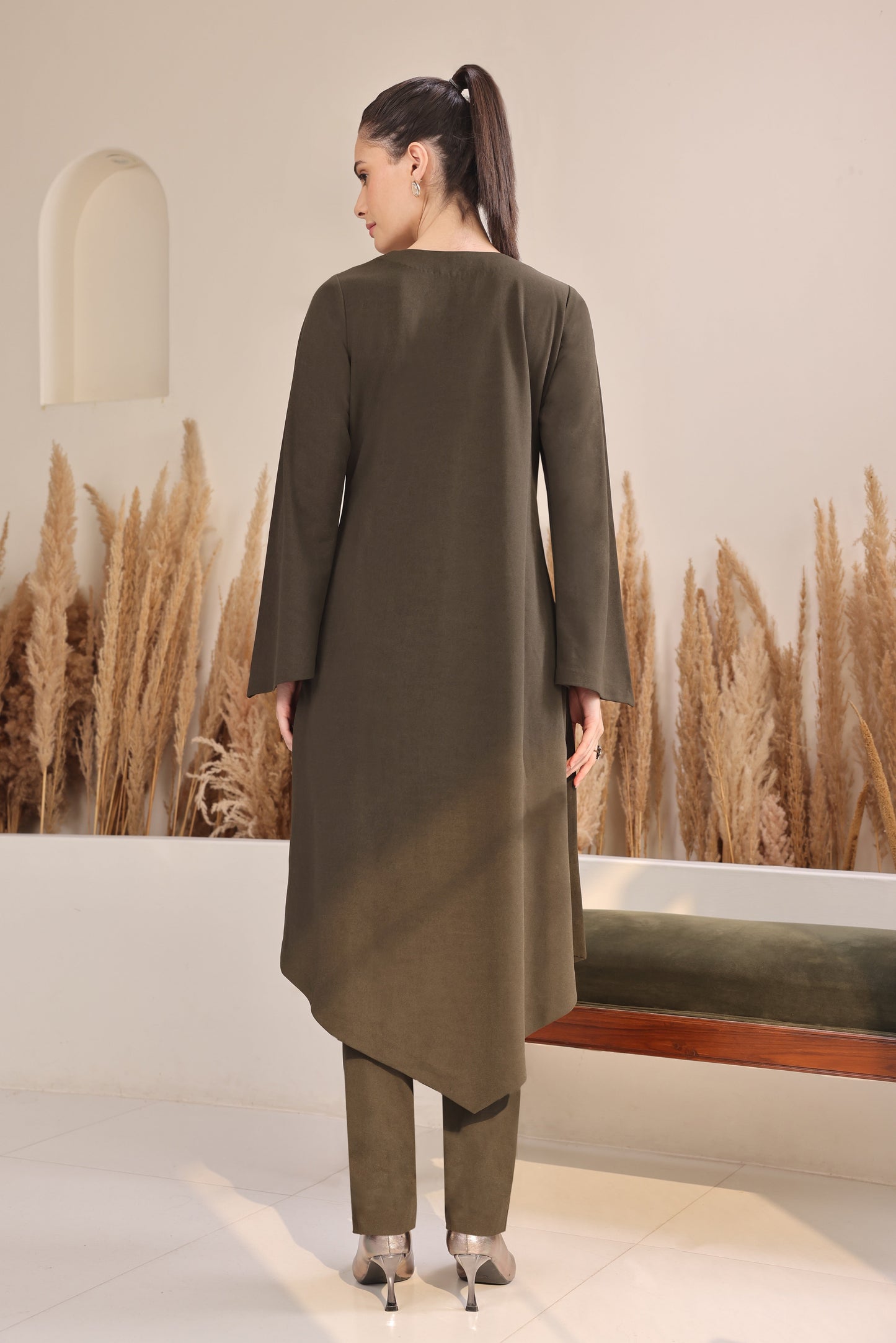 Cosmos Puritan Collar Kurta Set - OLIVE