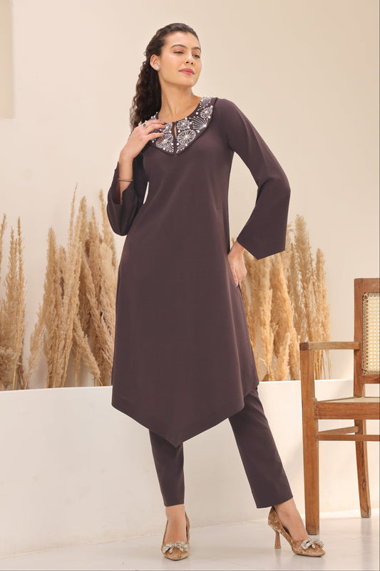 Cosmos Puritan Collar Kurta Set - BROWN