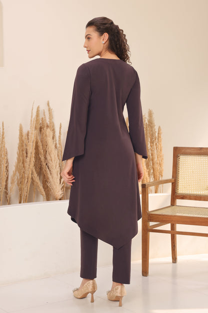 Cosmos Puritan Collar Kurta Set - BROWN