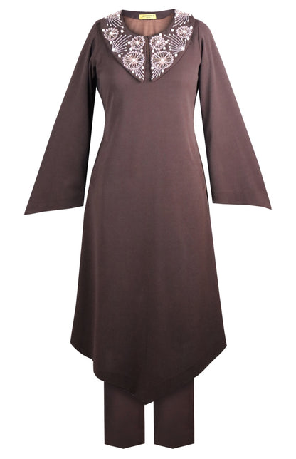 Cosmos Puritan Collar Kurta Set - BROWN