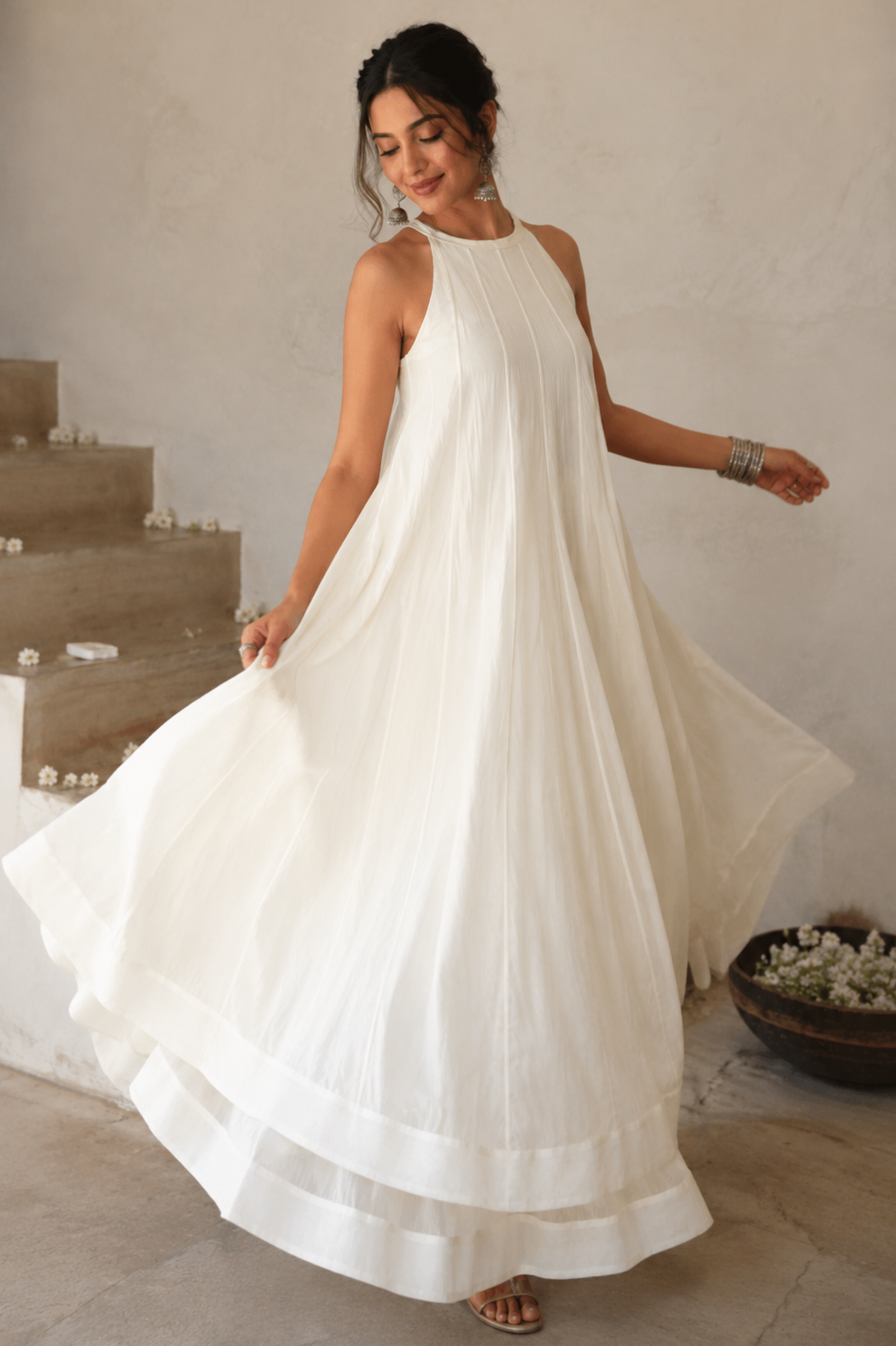 Cotton Georgette Anarkali With Sharara - WHITE