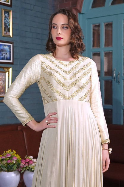 Crème Chevron Embroidery Georgette Maxi Gown