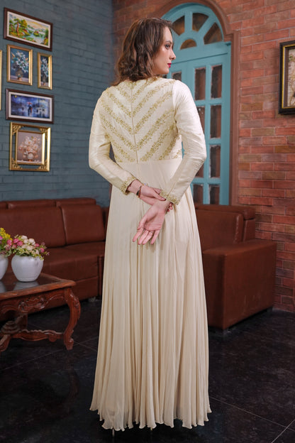 Crème Chevron Embroidery Georgette Maxi Gown