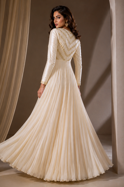 Crème Chevron Embroidery Georgette Maxi Gown