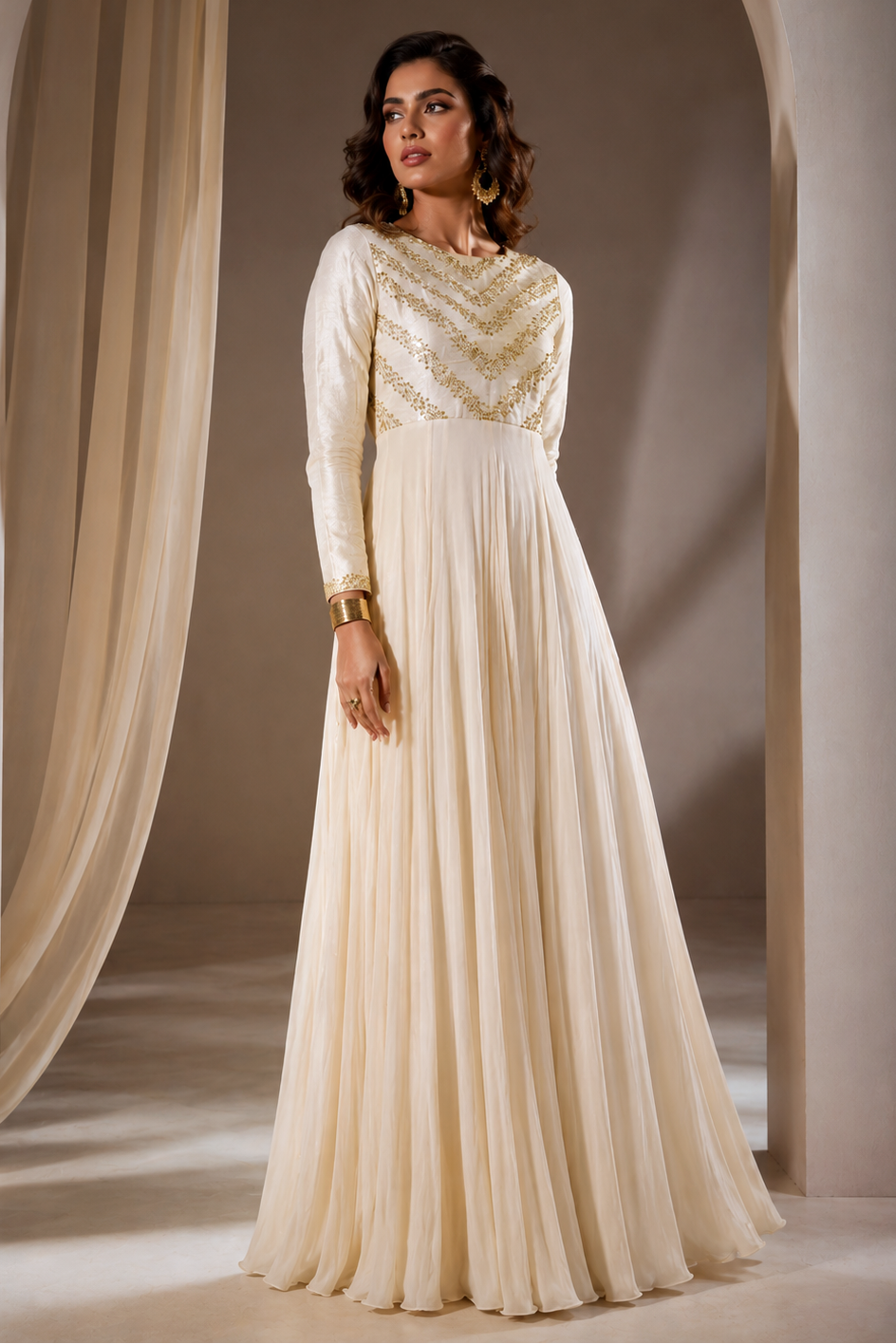 Crème Chevron Embroidery Georgette Maxi Gown