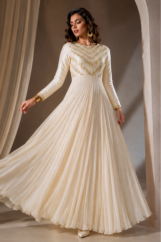 Crème Chevron Embroidery Georgette Maxi Gown