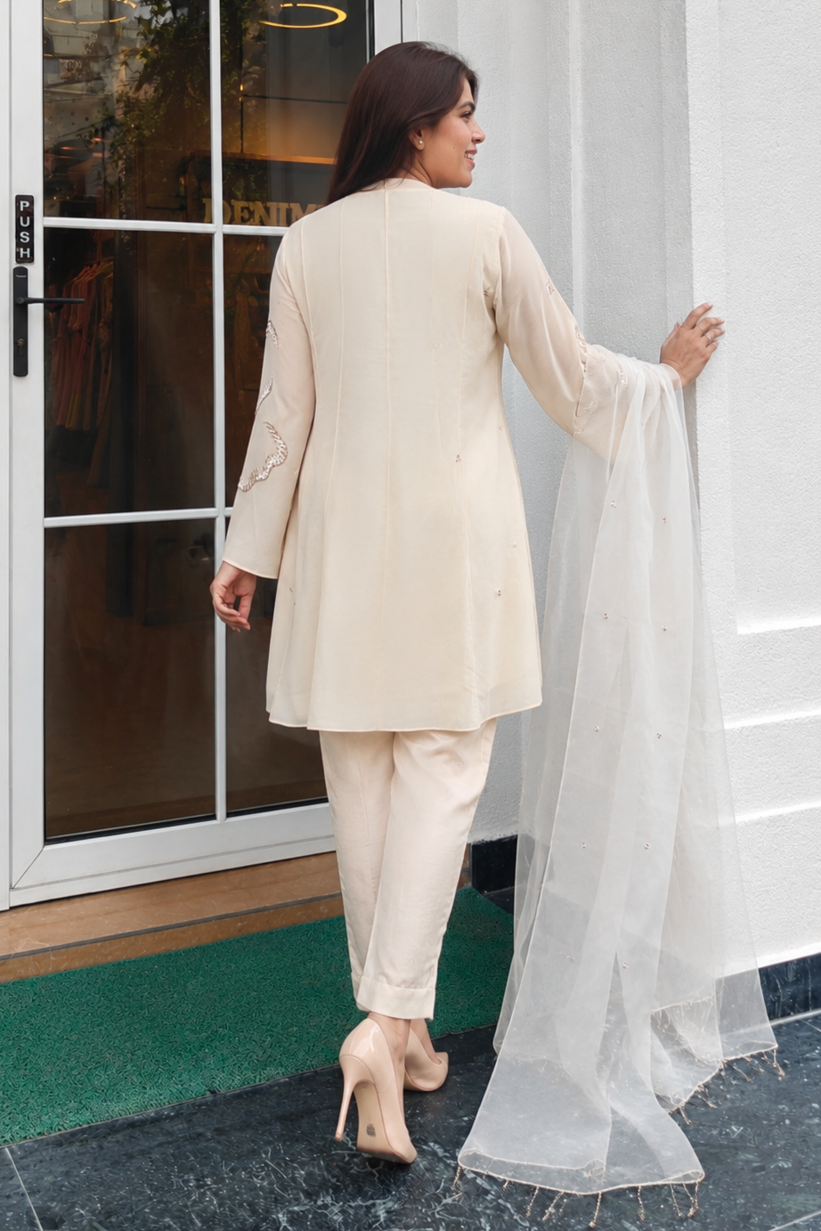 Short Anarkali With Nalki Embroidery - CREME