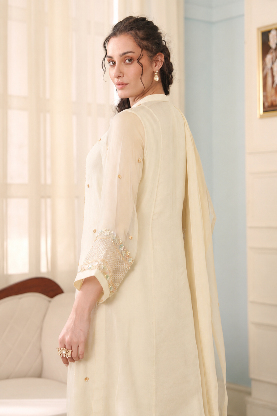 Zardozi Birds Silk Suit - CREME
