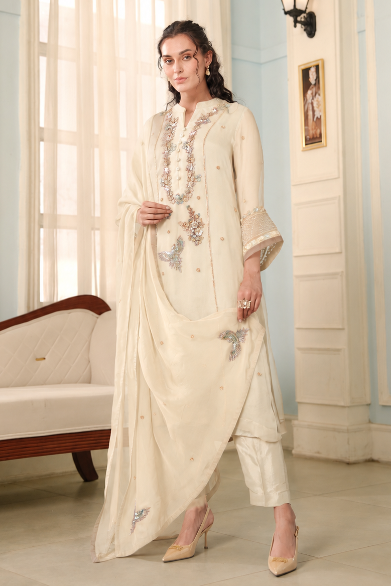 Zardozi Birds Silk Suit - MOUSE