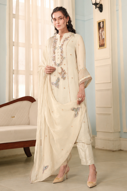Zardozi Birds Silk Suit - MOUSE