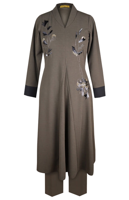 Daisy Kurta Set With Shawl Collar - OLIVE
