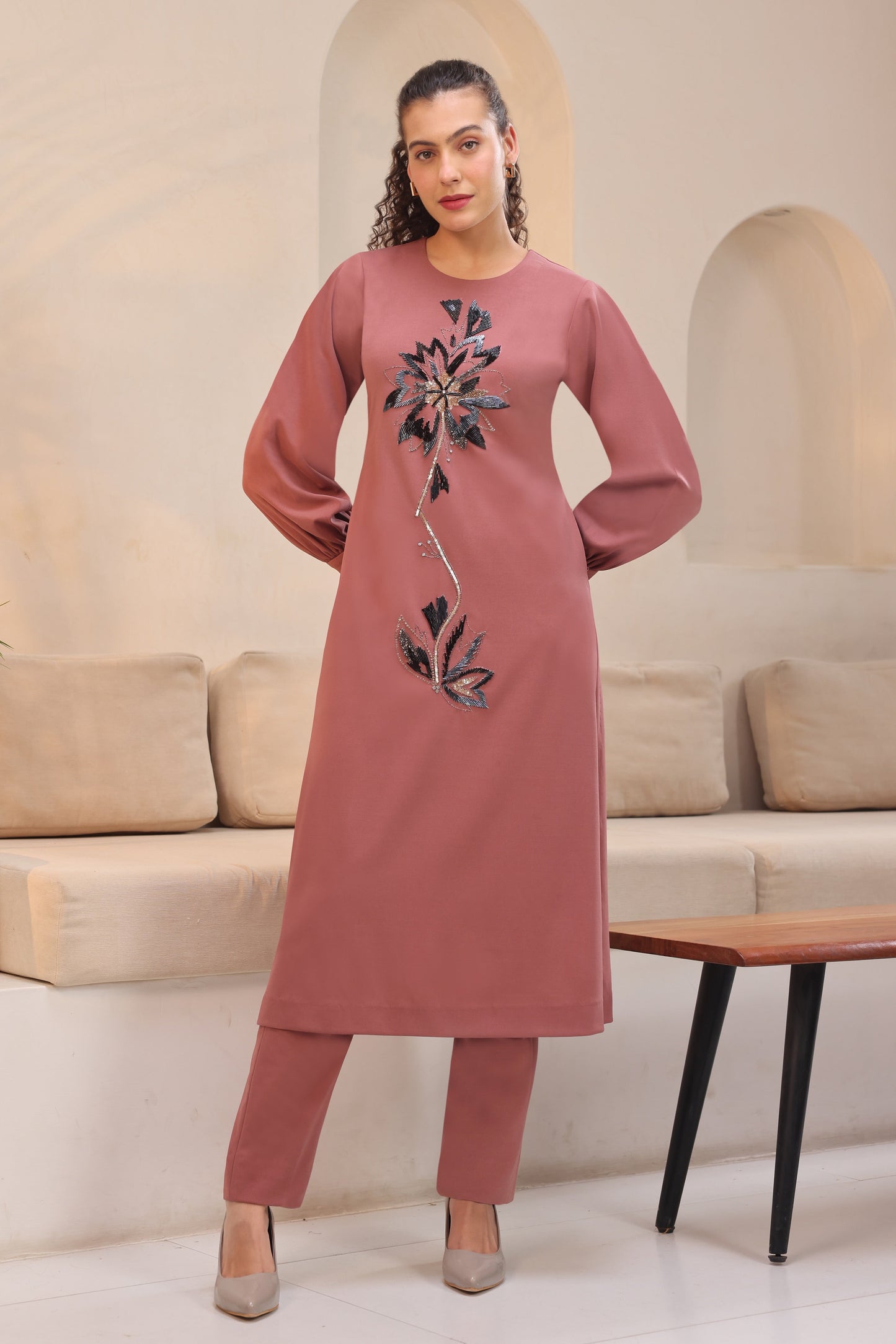 Daisy Kurta Set With Balloon Sleeves - DUSTY ROSE
