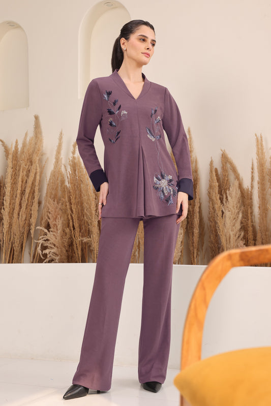 Daisy Co-ord Set With Shawl Collar - FIG