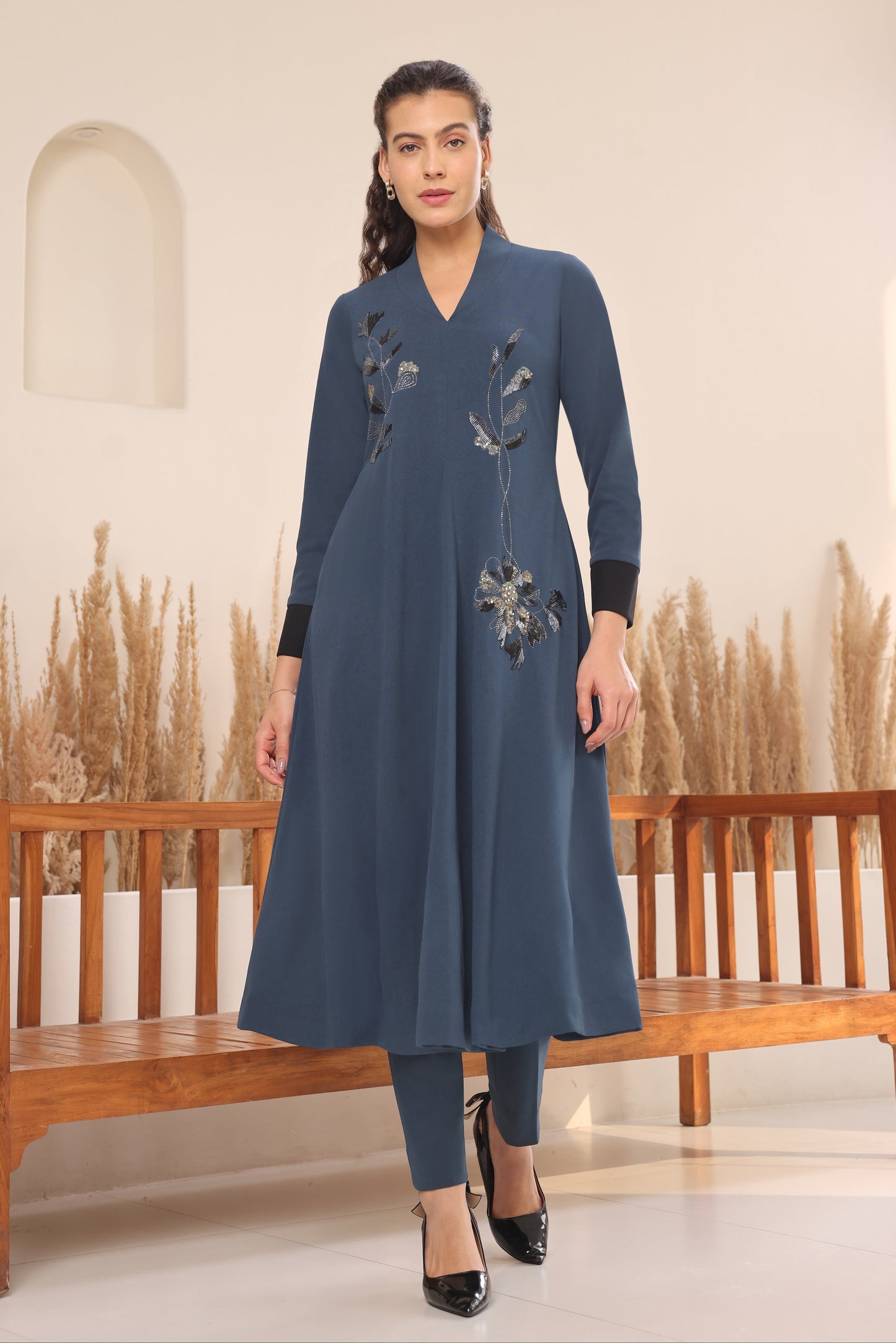 Daisy Kurta Set With Shawl Collar - INDIGO