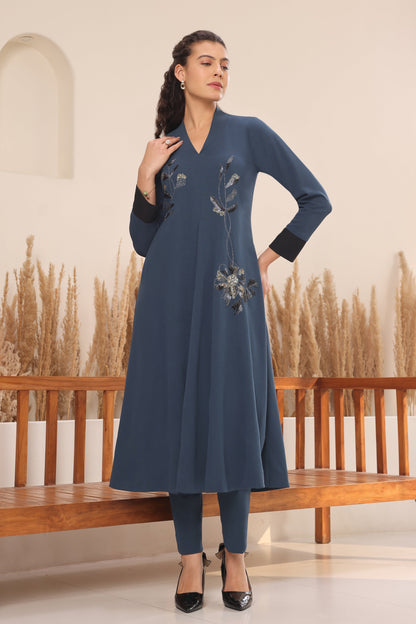 Daisy Kurta Set With Shawl Collar - INDIGO