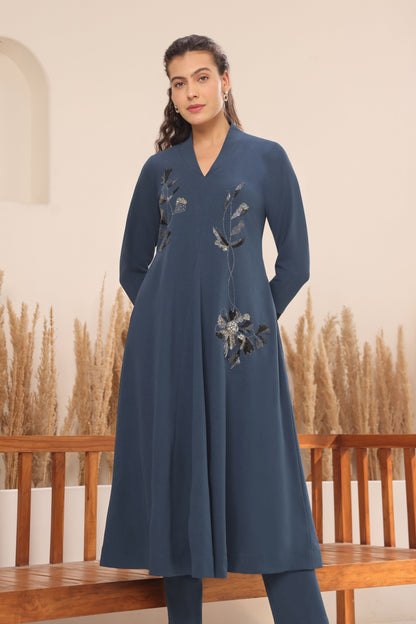 Daisy Kurta Set With Shawl Collar - INDIGO