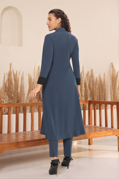 Daisy Kurta Set With Shawl Collar - INDIGO