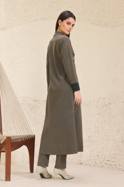 Daisy Kurta Set With Shawl Collar - OLIVE